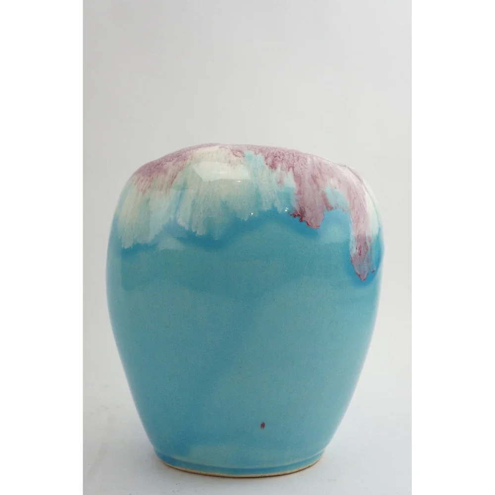 EUC RRP Co Roseville Pottery Vase Turquoise Blue Purple Pink Gloss Drip Glaze 8